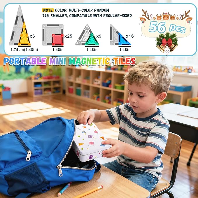 Magnetic Tiles 56pcs Travel Toys for Kids Toddlers, MINI Magnetic Building Blocks Set with Iron Box Base, Magnet Game, Plane Activities, Christmas Birthday Gifts for 3+ Years Girls Boys