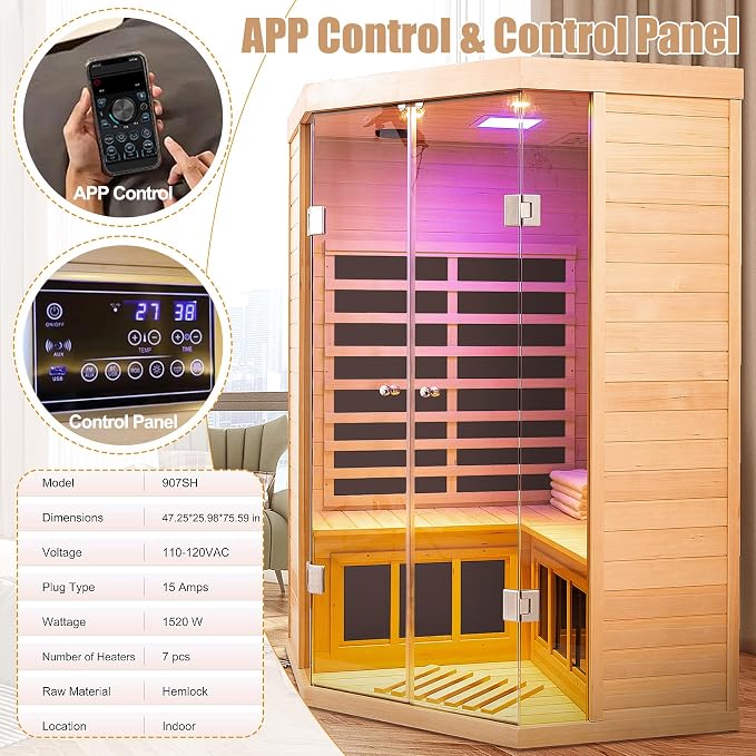2 Person Far Infrared Sauna 0-5mG Ultra Low EMF 1520W Indoor Sauna Canadian Hemlock Wood Sauna for Home with APP Control, LCD Control Panel, Chromotherapy Lights, Constant Temperature Cover