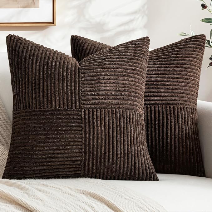 MIULEE Dark Brown Decorative Throw Pillow Covers for Couch 20x20 Inch | 2 Pack, Boho Farmhouse Pillow Covers, Soft Cross Corduroy Patchwork Textured Cushion Cases For Bed Sofa