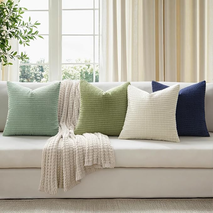 MIULEE Farmhouse Decorative Pillow Covers 20x20 Inch Set of 4 Muted Teal | Modern Natural Rustic Throw Pillows, Neutral Warm Soft Corduroy Couch Pillowcases, Home Decor for Sofa Living Room Bed