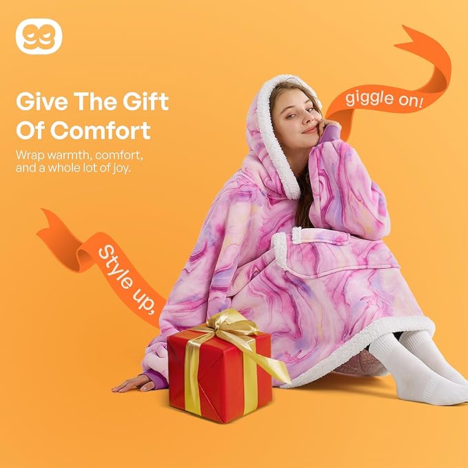 Giggling Getup Wearable Blanket Hoodie for Adults Gifts for Teen Girls Sister Women Sherpa Fleece Printed Hooded Blanket Sweatshirt Warm Cozy with Pocket & Sleeves Purple Texture Pattern