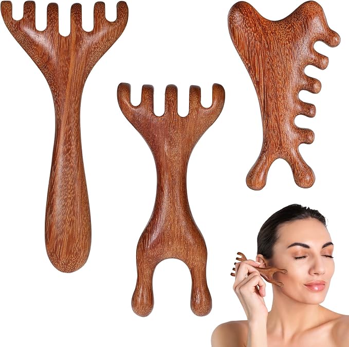 3 Pack Wooden Massager Comb Gua Sha Scraping Massages 6 Claws Meridian Massager Double Head Massage Rake Foot Massagers Tools with Long Handle for Head Neck Back Legs Feet