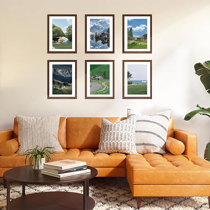 A4 Picture Frame Set of 2, Brown Photo Frame with HD Plexiglass, Display Pictures 6x8 with Mat or 8.3x11.7 Without Mat Multi Picture Frames Collage for Tabletop or Wall Display