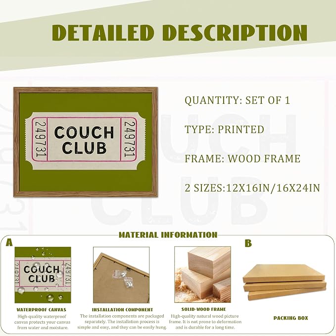 Vintage Framed Wall Art, Couch Club Ticket Canvas Wall Decor Painting, Retro Green Minimalist Quote Poster Print Picture for Living Room Bathroom Home Decor 12x16 Inch