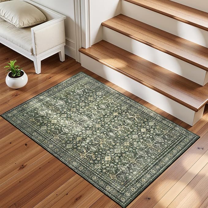 2x3 Area Rugs for Entryway Bathroom, Green Washable Kitchen Mats for Floor | Soft Door Mat Indoor Entrance, Farmhouse Carpet for Entry Living Room Bedroom, Stain Resistant, Low Pile, Vintage Rug