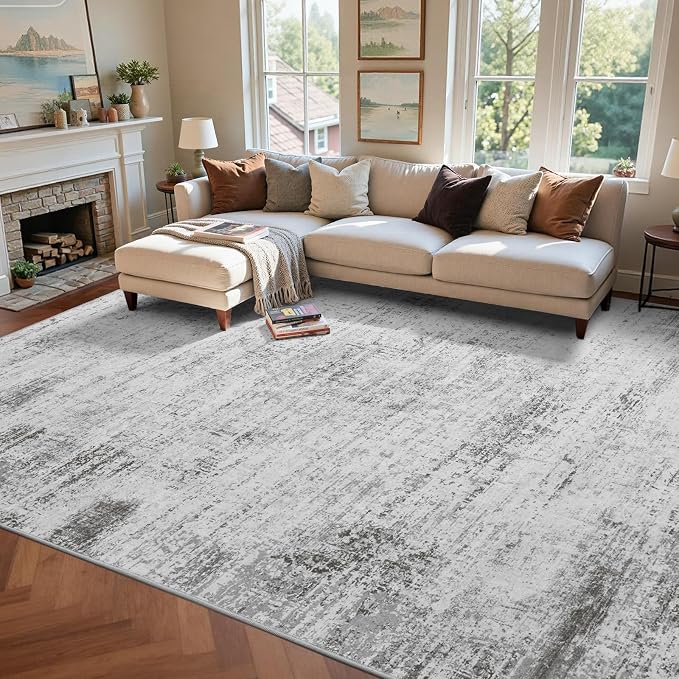 9x12 Ft Extra Large Washable Area Rugs for Living Room, Soft Non-Slip Modern Abstract Pattern Carpet for Bedroom Indoor Floor Nursery Home Decor (Grey)