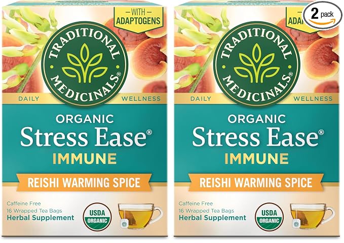 Traditional Medicinals Organic, Stress Ease Immune with Adaptogens, Reishi Warming Spice - Immune Support with Astragalus - Kosher, Non-GMO, Caffeine-Free, Compostable - 16 Count (Pack of 2)
