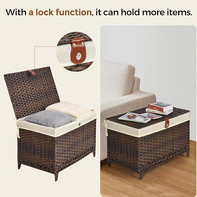 Wicker Storage Basket with Lid, 160L Shelf Basket with Removable Liner Bag | Rattan-Inspired Woven Design, Elevated Feet, Storage Trunk for Wardrobe, Bedroom & Home Organization