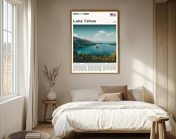 Poster Lake Tahoe Wall Art Original Design(36"x24" Unframed) Emerald Bay California Nevada Landscape Print Sierra Nevada Mountains Nature Scenery Alpine Lake View Travel Photography Picture