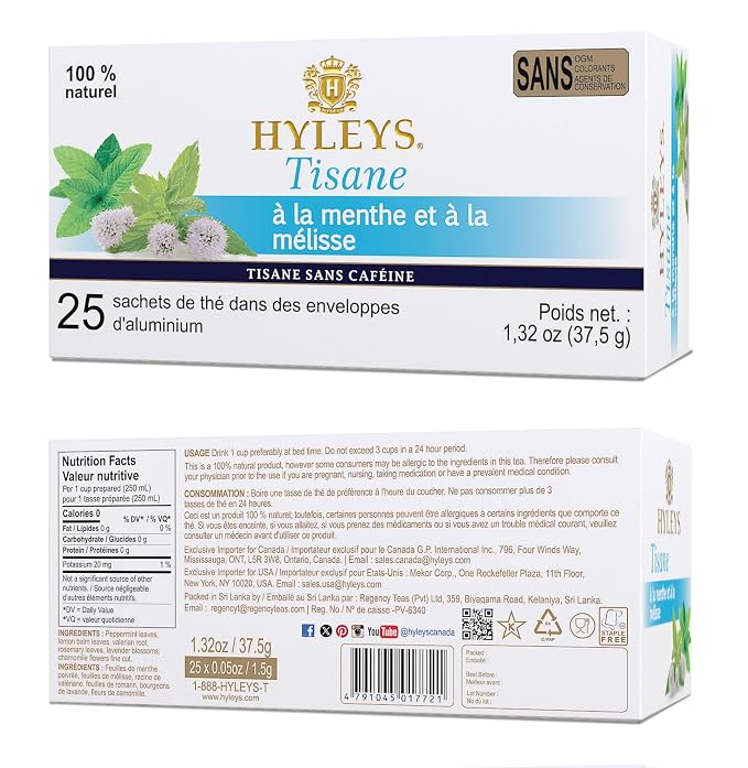 Hyleys Sleep Lemon Balm Herbal Tea - Relaxing Evening Blend, Caffeine-Free, 100% Natural, Non-GMO, Gluten-Free, Dairy-Free, Sugar-Free, Decaf - 25 Tea Bags