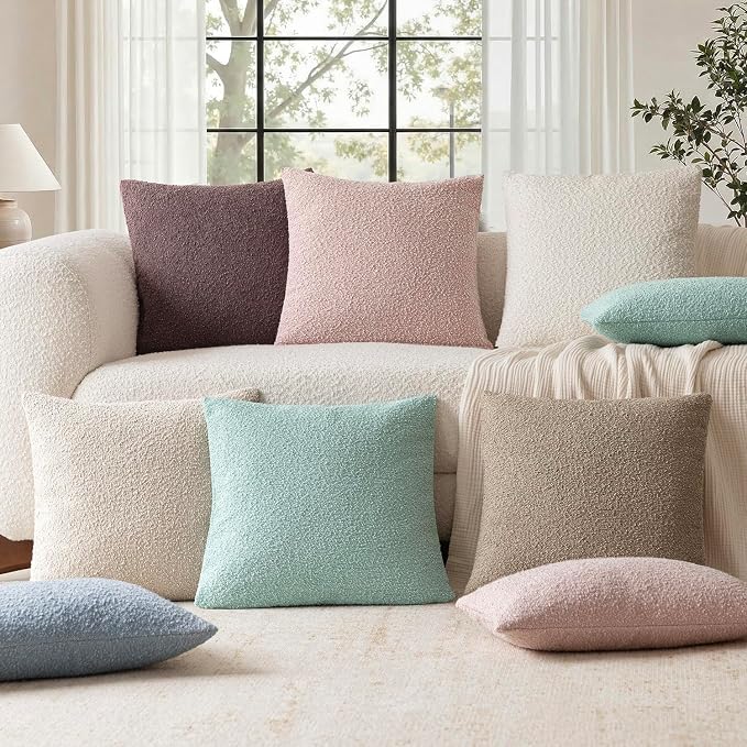 Foindtower Set of 2, Decorative Textured Boucle Throw Pillow Covers Accent Solid Pillow Cases Soft Cozy Couch Cushion Case for Chair Sofa Bedroom Living Room Home Decor 24x24 Inch Aqua Blue