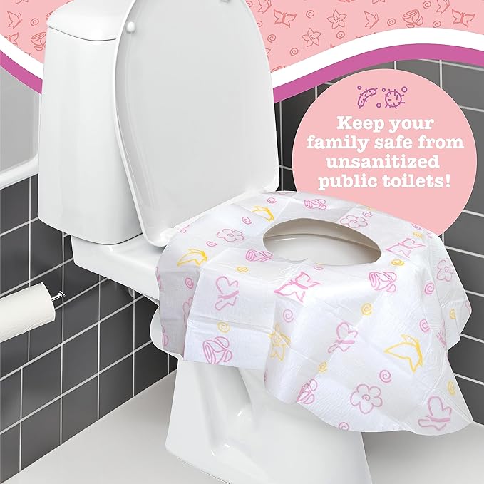 Toilet Seat Covers Disposable (6 Pack, Floral) - XL Waterproof Toilet Cover for Toddlers, Kids & Adults - Portable & Individually Wrapped for Travel, Potty Training & Public Restrooms
