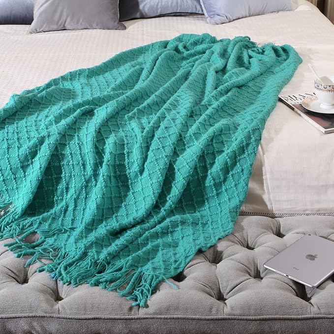 CREVENT Boho Crochet Throw Blanket for Couch Sofa Chair Bed Decoration, Gift Idea for Girlfriend Mom Birthday, Soft Warm Cozy Light Weight for Spring Summer (50''X60'' Aqua Blue/Teal)