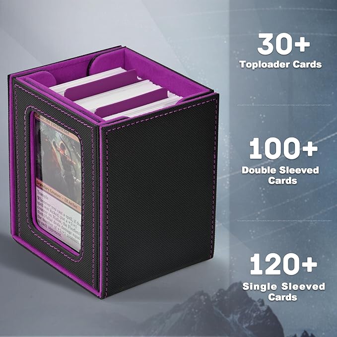 ZLCA MTG Deck Box with Commander Window Display, Trading Card Storage Box Holds 100 Double-Sleeved Cards Suitable for TCG/CCG/PTCG/EDH/Magic/Sport Cards (Black&Purple)