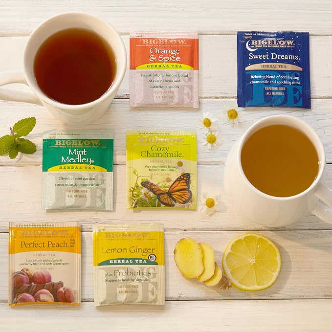 Bigelow Tea Caffeine Free 6 Flavor Herbal TeaVariety Pack, DecafTea with Mint Medley, Cozy Chamomile, Orange and Spice, Sweet Dreams, Perfect Peach, and Lemon Ginger, 118 Count (Pack of 12)