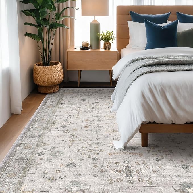 Boho Large Living Room Rug 8x12 - Washable Low Pile Area Rug for Dining Room, Neutral Light Gray & Sage Bedroom Carpet, Distressed Vintage Floral Design, Low Pile Stain Resistant