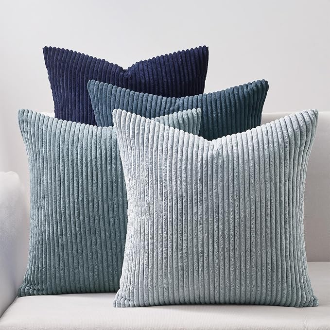 Topfinel Decorative Throw Pillow Covers Dusty Blue Navy Series 18x18 Inch Set of 4,Summer Corduroy Striped Toss Pillows for Couch,Patio,Balcony,Children Bedroom,Modern Fluffy Blue Gradient Shams
