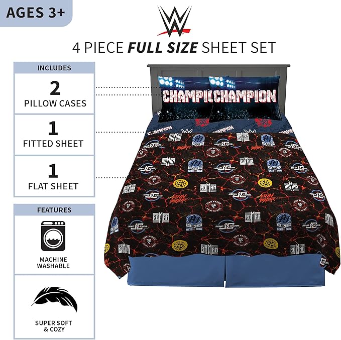 Franco NB1848 Kids Bedding Soft Microfiber Sheet Set, 4 Piece Full Size, WWE Super Stars