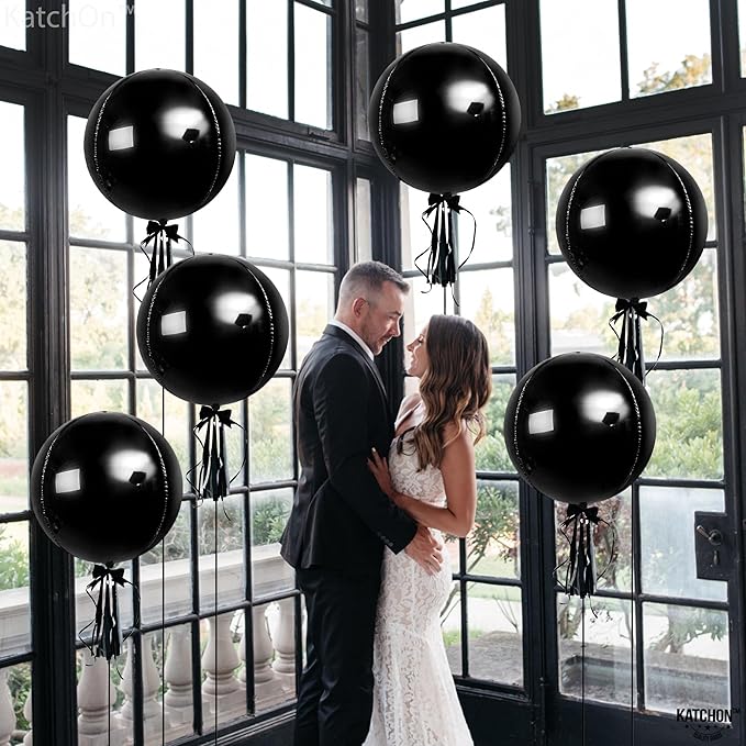 KatchOn, Large Black Mylar Balloons - 22 Inch, Pack of 6 | Round 4D Mylar Balloon for Birthday, Bachelorette Decorations | Black Birthday Party Decorations