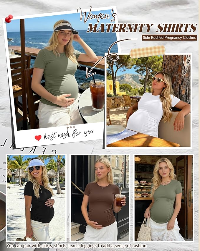 Huukeay 4 Pack Women's Maternity Shirts, Crew Neck Maternity Top Short Sleeve Casual Cotton Tee Side Ruched Pregnancy Clothes