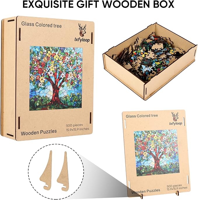 Ixfyloop Stained Glass Wooden Puzzles for Adults, Tree of Life Jigsaw Puzzles, Colorful Flower Adults Puzzles 500 Pieces, Best Festival Gifts for Family Game, 15.9x15.9 inch