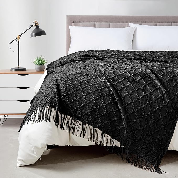 BOURINA Black Throw Blanket 50 x70 Inch Jacquard Throw Knitted Blanket | Jacquard Argyle Throw Textured Solid Soft Throws and Blankets for Sofa or Bed Knitted Decorative Blanket