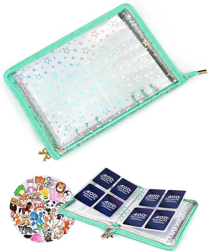4 Pocket Card Binder with 20 Stickers, A5 Kpop Photocard Binder for 400 Cards, Trading Card Binder, Card Collection Binder, Cute Mini Card Binder for Gifts