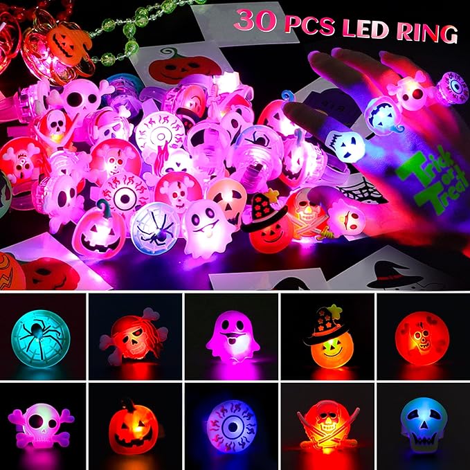78 Pcs Halloween Party Favors, Halloween Toys Gifts for Kids, LED Rotating Bracelets Necklaces Light Up Rings Glow In The Dark Bouncy Balls Temporary Tattoos for Halloween Party Decorations Supplies