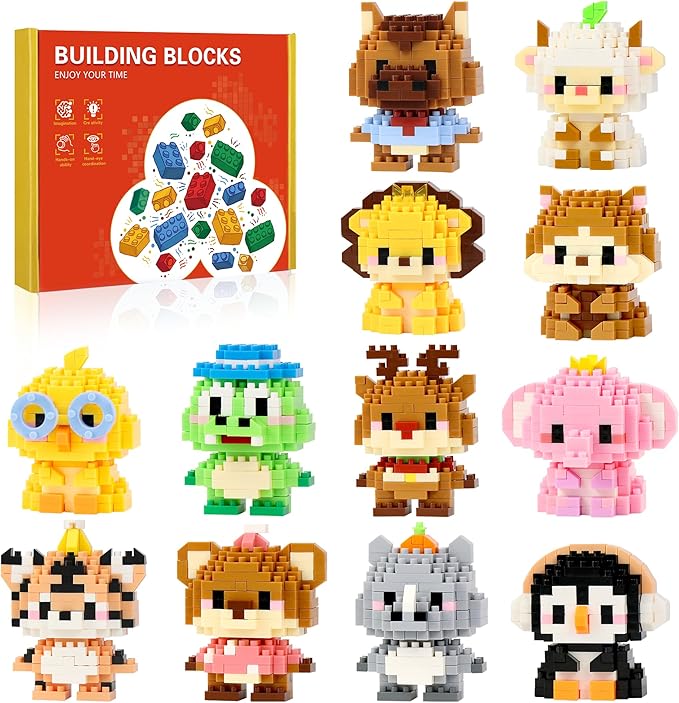 12 Pack Mini Building Blocks, Building Toys Set or Kids, Toy Building Sets, Mini Building Block Sets for Boys or Girls 6+ (Animals)