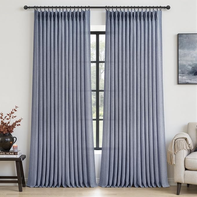 Dusty Blue 102 Inch Extra Long Memory Trained Pleated Linen Sheer Curtains