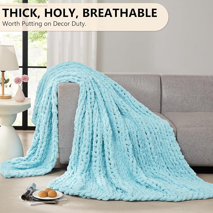 L'AGRATY Chunky Knit Throw Blanket for Couch, 72 x 84 Inches, Light Blue | Handmade Chenille Crochet Blanket for Sofa Bed, Thick Cable Knitted Blankets for Room Home Decor, Birthday Gift for Women Mom