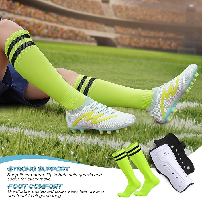 brooman Kids Firm Ground Soccer Cleats Boys Girls Football Shoes with Shin Guards and Soccer Socks