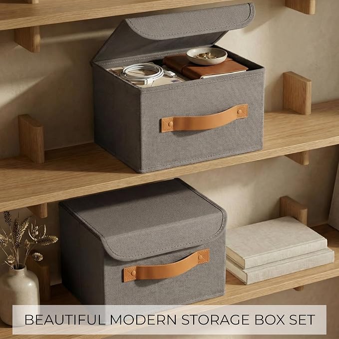 Decorative Linen Storage Boxes with Lids - Spacious Set of 2 Organizer Bins | The Perfect Small Container for Home Decor - Safely Store Photos, Documents and Memory Box Keepsakes in Style