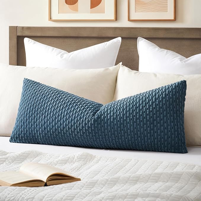 Kevin Textile Soft Corduroy 14"x36" Lumbar Pillow Cover 1 Pack, Blue Grey | Boho Stripe Plush Corduroy Decorative Oblong Cushion Cover Modern Farmhouse Home Decor for Sofa Couch Bed Chair