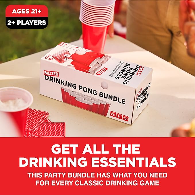 Buzzed Drinking Pong Bundle Kit – Bachelor Party Essentials for Drinking Games, Summer Party Activity for Adults, Outdoor & Poolside Fun, Includes Dice, Pong Balls, Cups & Cards for 10+ Ways to Play