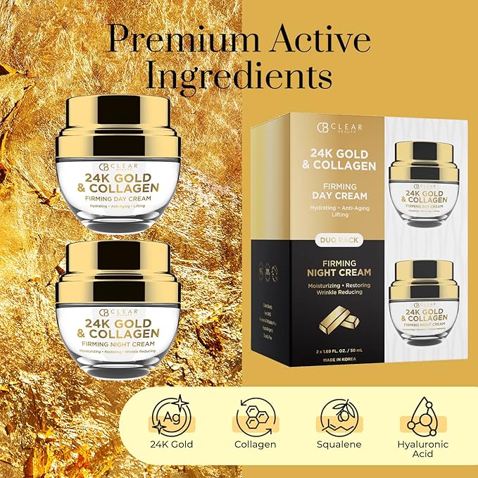 Clear Beauty 24K Gold & Collagen Face Moisturizer - Dermatologist Tested, Anti Aging, Korean Skin Care - Hydrates, Firms, Smooths For Youthful Skin - Vegan, Clean Beauty - Duo Pack