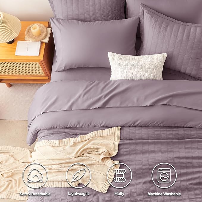 CozyLux Full Size Comforter Sets with Sheets 7 Pieces, Dusty Purple Seersucker Bed in a Bag Textured Luxury Soft Grayish Purple Bedding Set with Down Alternative Comforter, Sheets, Pillowcases & Shams