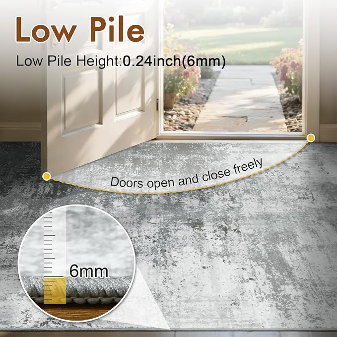 2x6 Ft Washable Runner Rug, Non-Slip Low Pile Hallway Kitchen Area Rug, Soft Long Entryway Floor Mat Abstract Pattern Carpet for Bedside & High-Traffic Areas (Grey)