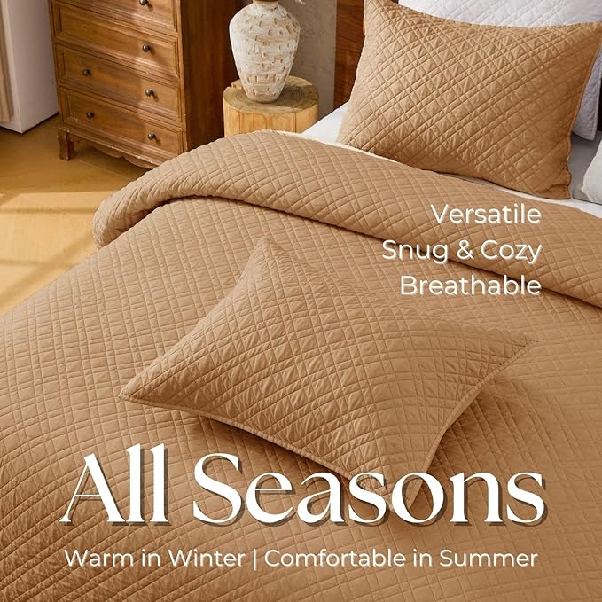 DOWN HOME Twin Quilt Set with Sham Lightweight Quilted Bedspread Coverlet Thin Comforter Bed Cover Vintage Washed Quilted Blanket for All Season, Brushed Microfiber Diamond Stitching, Brown, 66"x92"