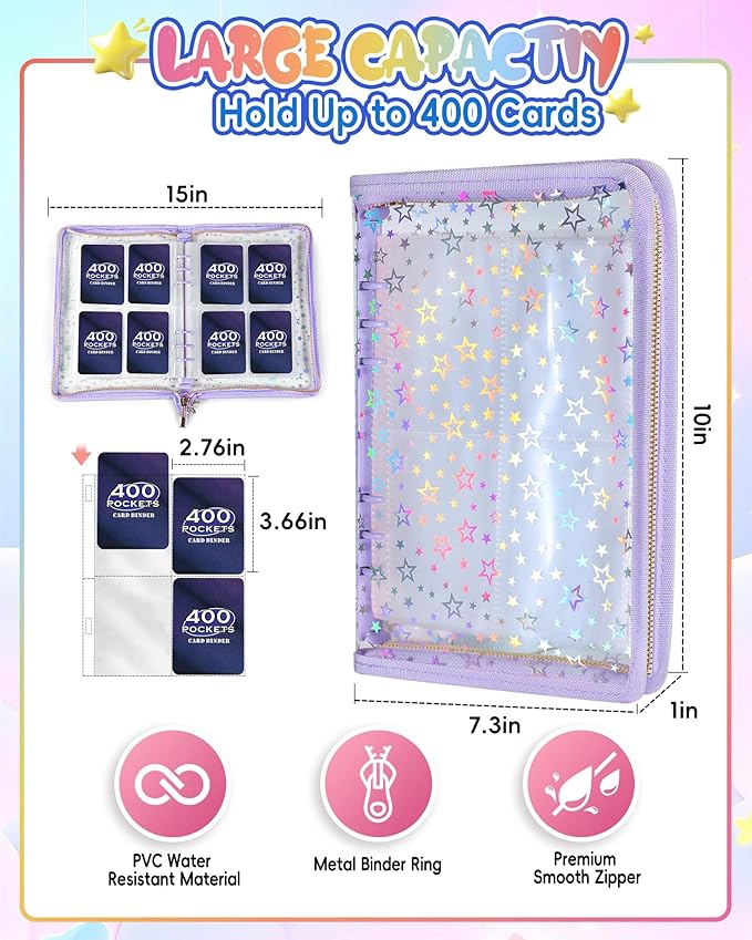 4 Pocket Card Binder with 20 Stickers, A5 Kpop Photocard Binder for 400 Cards, Trading Card Binder, Card Collection Binder, Cute Mini Card Binder for Gifts (Purple)