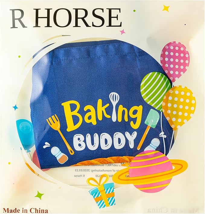 R HORSE 2Pcs Kid Apron and Chef Hat Set, Blue Adjustable Children Kitchen Toddler Apron for Boys, Dress up Role Play Chef Toy Funny Birthday Gift for Kids Cooking Baking Painting