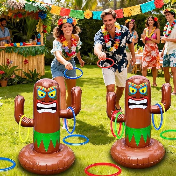 25" Inflatable Luau Tiki Pool Toss Games, Tiki Pool Ring Toss Toys with 4 Rings for Adults Indoor Outdoor Tropical Summer Swimming Inflatable Bean Bags Toss Hawaiian Luau Party Supplie