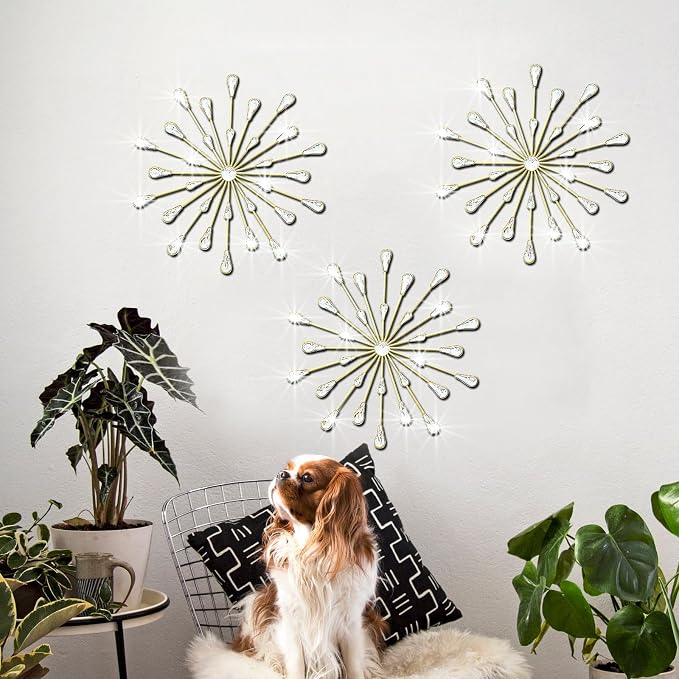 ZEXUIRU 3 Set Gold Starburst Wall Art for Home Decor Metal Bling Crystal Rhinestones Sunburst Wall Decor Sparkling Rhinestone Art Accent Gold - 13in