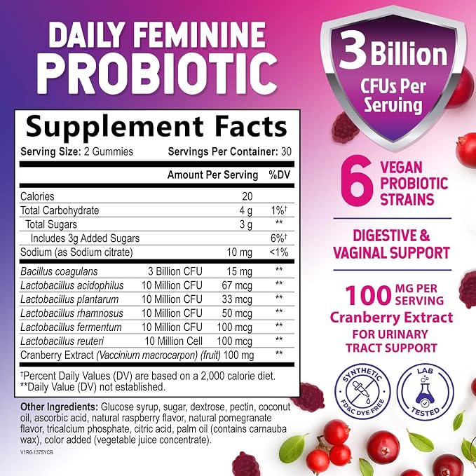 Probiotics for Women Gummies with Cranberry - 6 Premium Strains for PH Balance - Women Probiotics for Digestive Health, Vaginal & Immune Support, Women's Probiotic Feminine Health Gummy - 60 Gummies