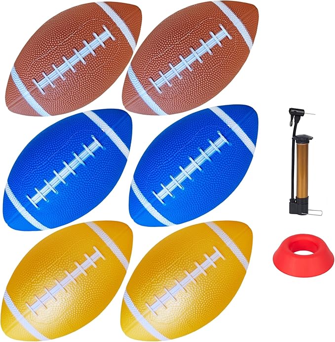 6 Pack 9" Mini Inflatable Rubber Footballs Party Favors, Small Peewee Size Footballs for Kids, Junior Outdoor and Indoor Games - Sports Balls Playground Ball with Pump and Kicking Tee