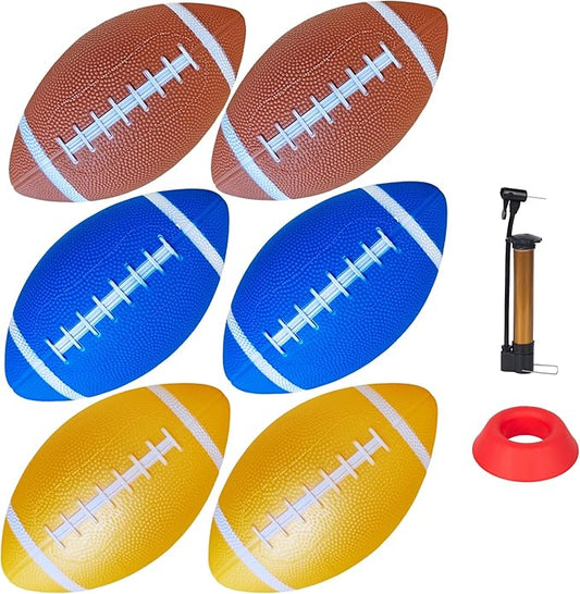 6 Pack 9" Mini Inflatable Rubber Footballs Party Favors, Small Peewee Size Footballs for Kids, Junior Outdoor and Indoor Games - Sports Balls Playground Ball with Pump and Kicking Tee