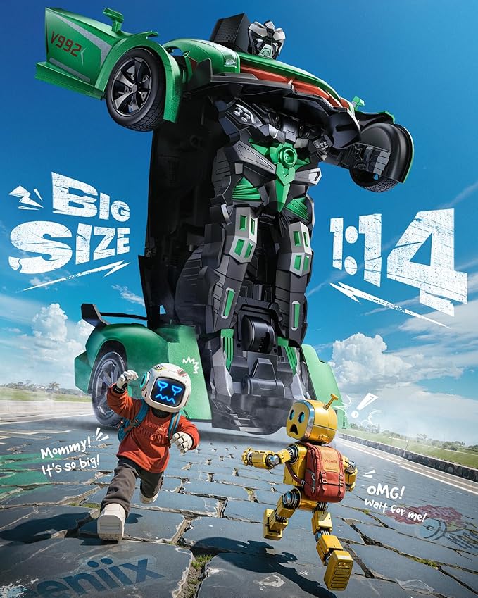 V992 Transform Remote Control Car, 2-in-1 Transform Robot RC Cars,1:14 Scale,Robot Toy Car with Sound & Light,Gesture Sensing,Automatic Deformation,Gifts Toys for Boys and Girls 4-6(Green)