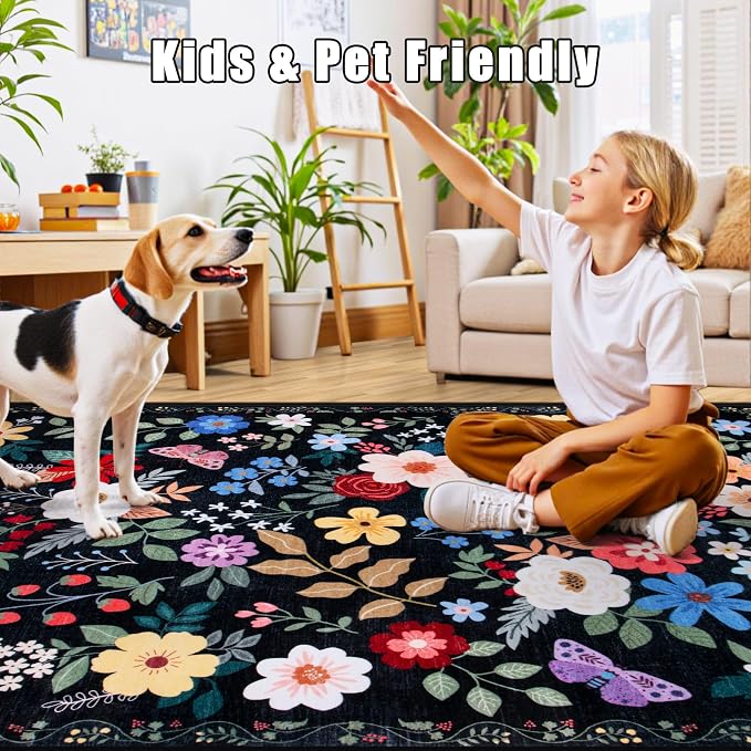 Area Rug Living Room Rugs: Floral 3x5 Washable Rug Vintage Soft Boho Non-Slip Carpet Indoor Floor Stain Resistant Large Carpets for Bedroom Dining Room Farmhouse Nursery Hallway Black