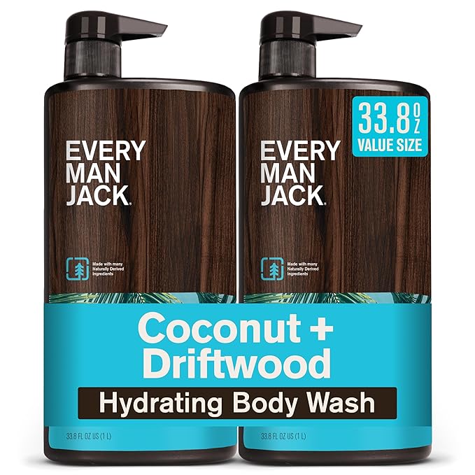 Every Man Jack Coconut + Driftwood Mens Body Wash for All Skin Types - Cleanse, Hydrate, and Smell Great - Free of Parabens, Phtalates, and Dyes - 33.8 fl oz - 2 Pack