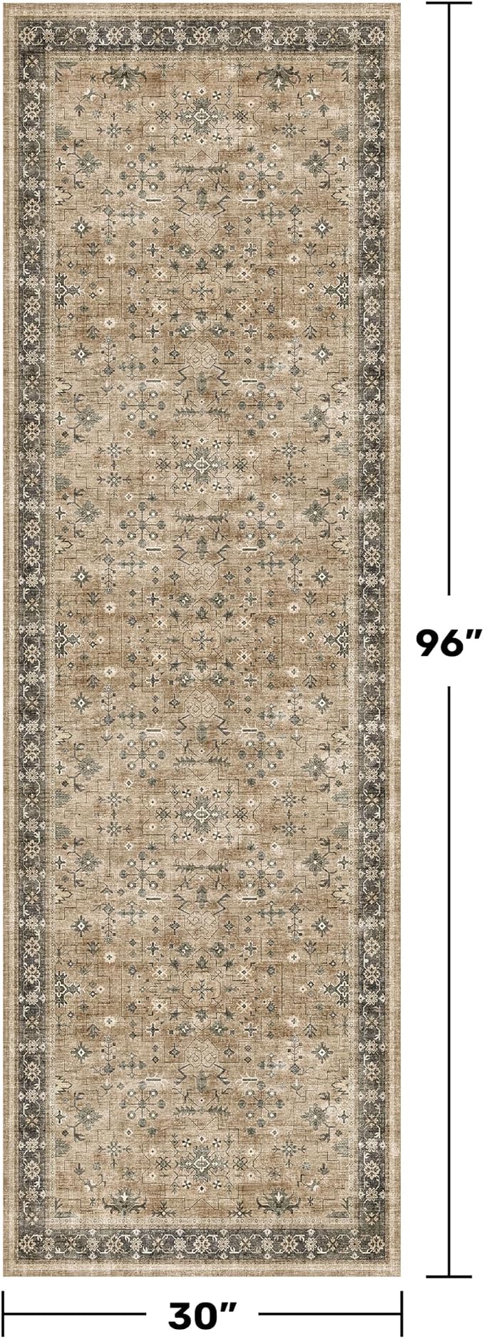 Distressed Taupe Washable Long Runners for Hallways, 2'6"x8' Wide Kitchen Runner Rug, Bohemian Traditional Entryway Indoor Rug, Distressed Floral Geometric Design, Non-Slip Stain & Fade Resistant